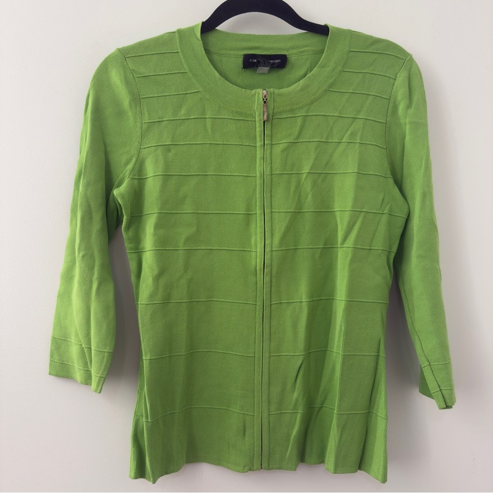 Vintage 1990s Cable & Gauge Knit Jacket Green Stretch Size Small S 3/4 Sleeve